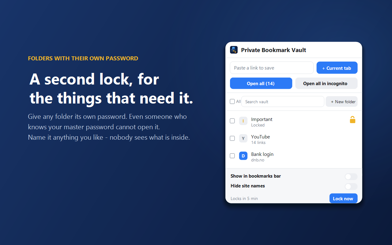 Private Bookmark Vault showing a folder locked with its own separate password