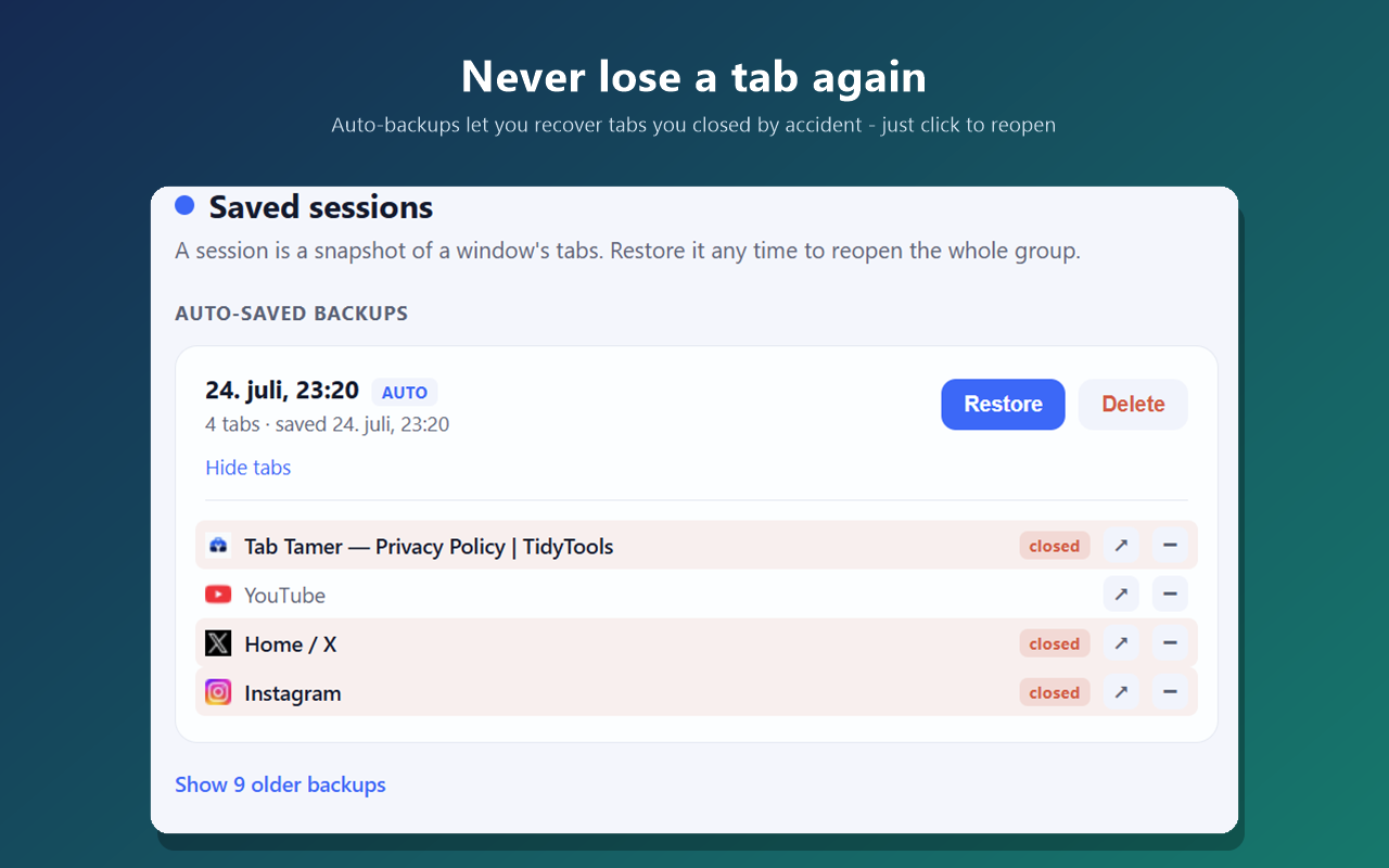 Tab Tamer sessions page highlighting a closed tab you can reopen
