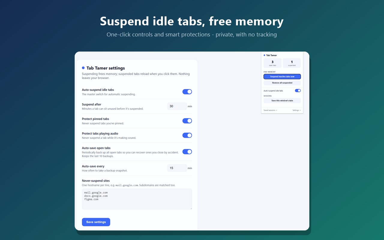 Tab Tamer settings and popup with suspend controls
